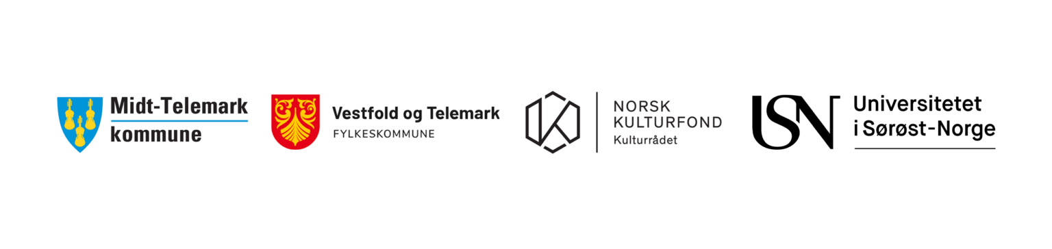 Logoer for Bøker i Bø sine samarbeidspartnarar Midt-Telemark kommune, Vestfold og Telemark fylkeskommune, Norsk kulturfond og Universitetet i Sør-Øst Norge