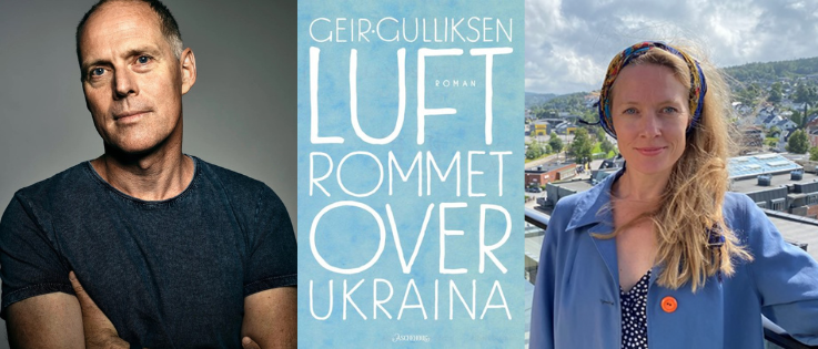 Collage met fotografier av Geir Gulliksen, hans bok luftrommet over Ukraina og Anne Gru Gudmundsdotter
